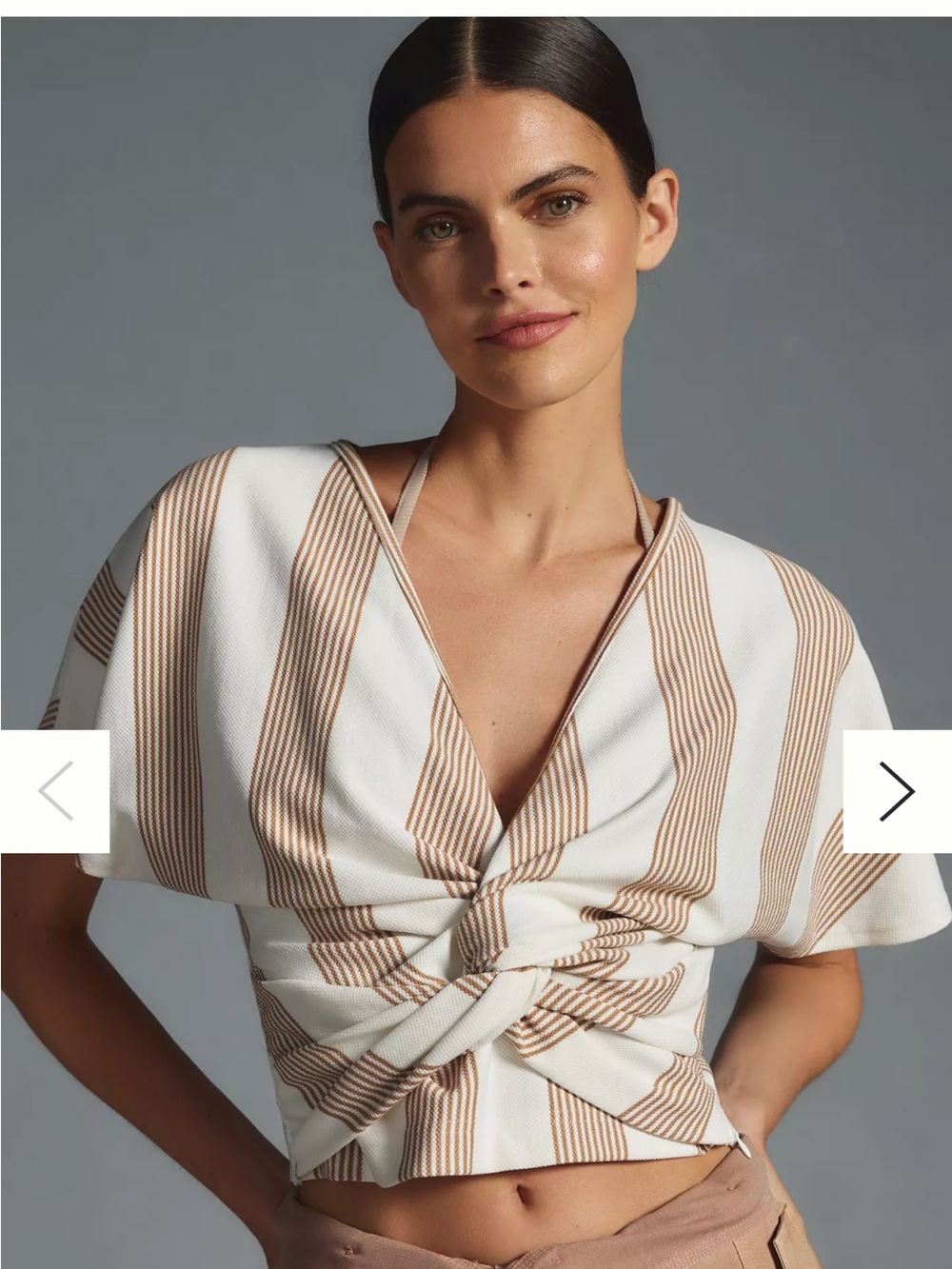 Anthropologie bishop and young Striped Knot-Front Crop Top in Cream and Tan